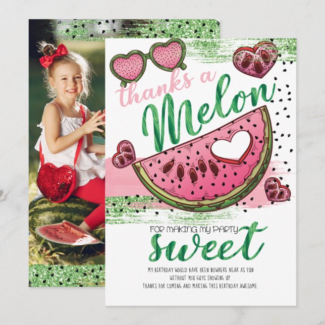 Super Cute One In A Melon Party Photo Thank You Ca Card (Front/Back)