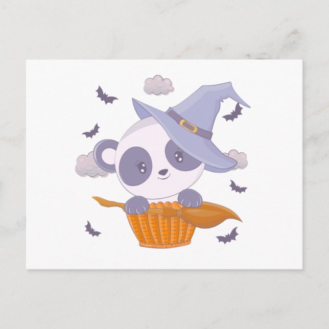 Super Cute Panda Witches Hat and Bats Halloween Holiday Postcard (Front)