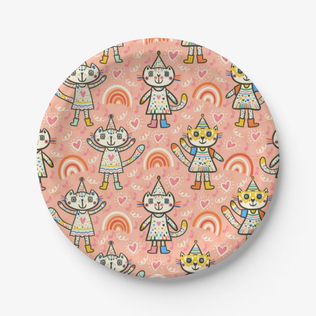 Super cute party kitten girls in happy colours paper plates (Front)