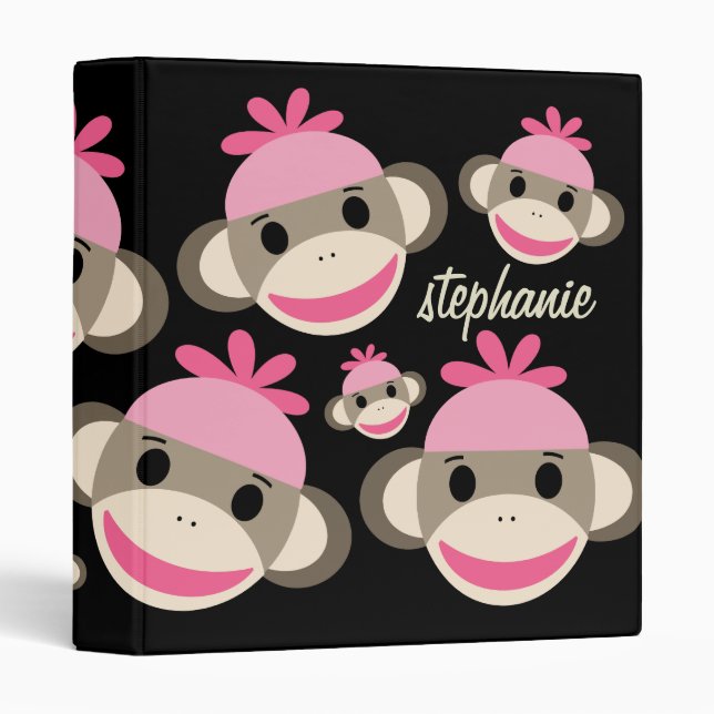Super Cute Personalized Pink Sock Monkey Binder (Front/Spine)