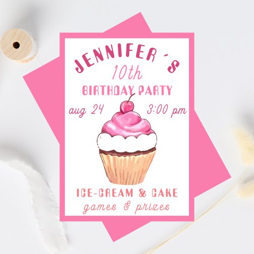 Super Cute Pink Cupcake Girls Birthday Party Invitation