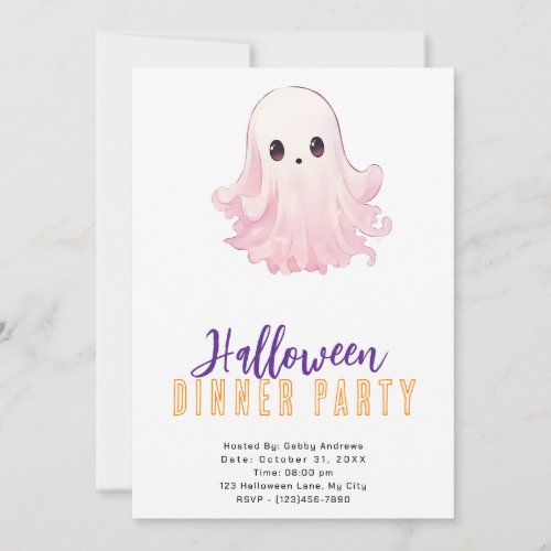 Super Cute Pink Ghost Halloween Dinner Party Invitation