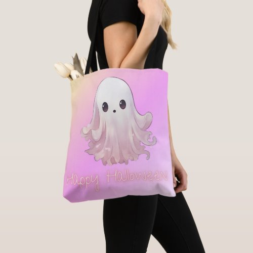 Super Cute Pink Ghost Happy Halloween Tote Bag