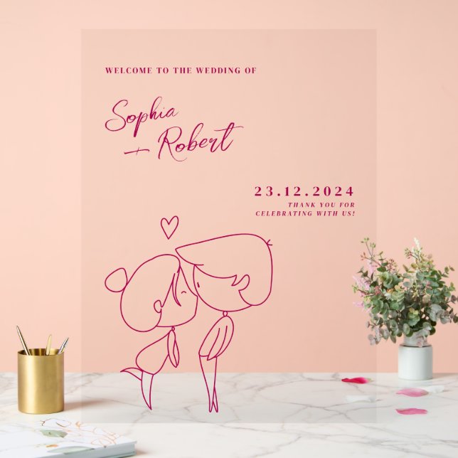 Super Cute Pink Minimalist Wedding Welcome Acrylic Sign (Wedding)