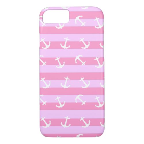 Super Cute Pink Stripes and White Anchor Pattern iPhone 87 Case