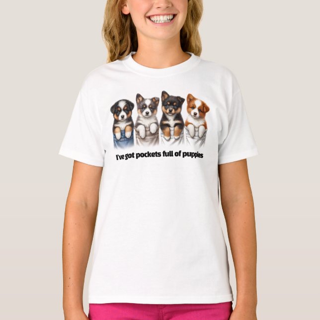 Super Cute Pockets Full of Puppies T-Shirt (Front)
