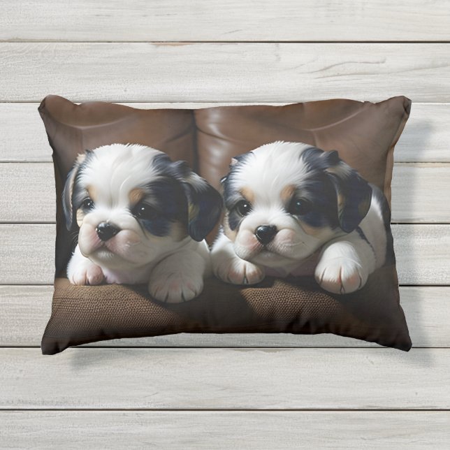 Super Cute Puppies on the Couch 1 Outdoor Pillow (Front)