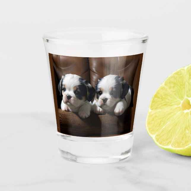 Super Cute Puppies on the Couch 1 Shot Glass (Front)