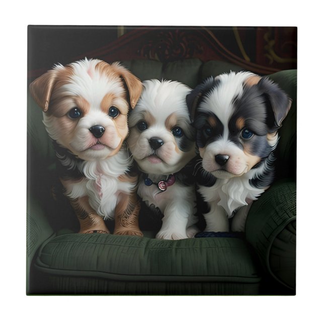 Super Cute Puppies on the Couch 2 Ceramic Tile (Front)