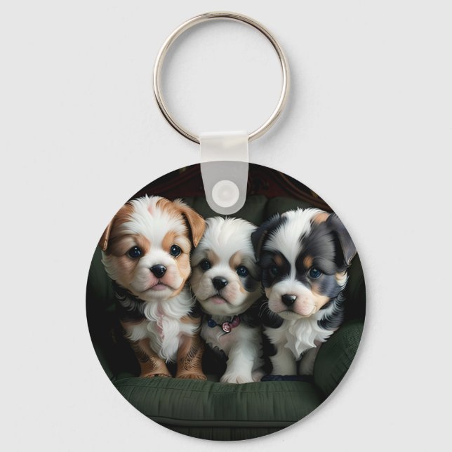 Super Cute Puppies on the Couch 2 Keychain (Front)