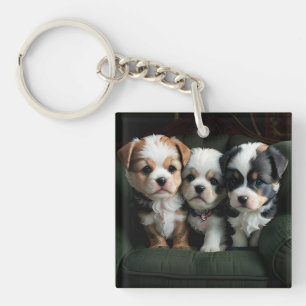 Super Cute Puppies on the Couch 2 Keychain