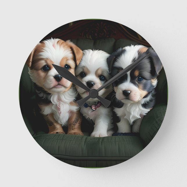 Super Cute Puppies on the Couch 2 Round Clock (Front)