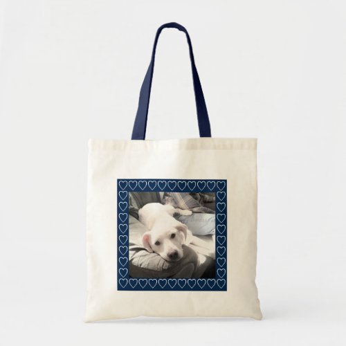 Super Cute Puppy Dog With Hearts Add Initials Blue Tote Bag
