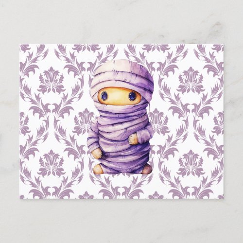 Super Cute Purple and White Mummy Damask Halloween Holiday Postcard