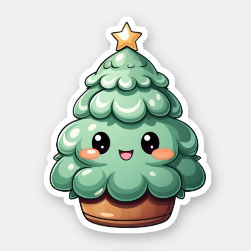 Super Cute Smiling Green Kawaii Christmas Tree Sticker