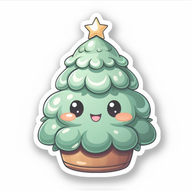 Super Cute Smiling Green Kawaii Christmas Tree Sticker (Front)
