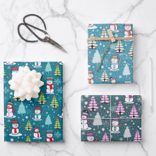 Super Cute Snowman and Christmas Trees Christmas Wrapping Paper Sheets
