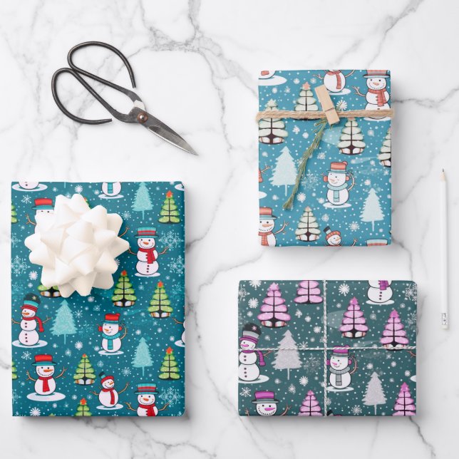 Super Cute Snowman and Christmas Trees Christmas Wrapping Paper Sheets (Front)
