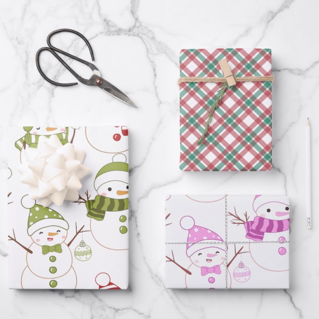 Super Cute Snowman and Holiday Plaid Christmas Wrapping Paper Sheets (Front)
