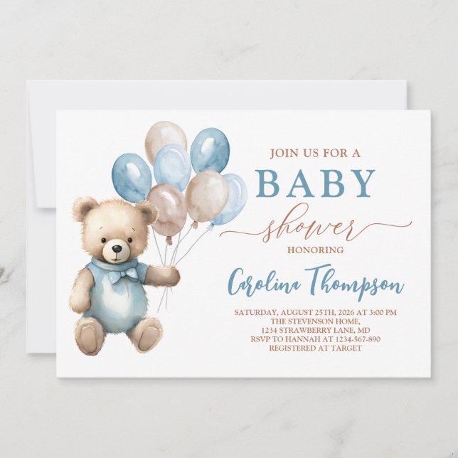 Super Cute Teddy Bear Boy Blue Pastel Baby Shower Invitation (Front)