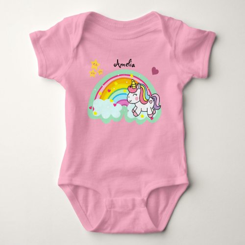 Super Cute Unicorn and Rainbow Personalised Baby Bodysuit