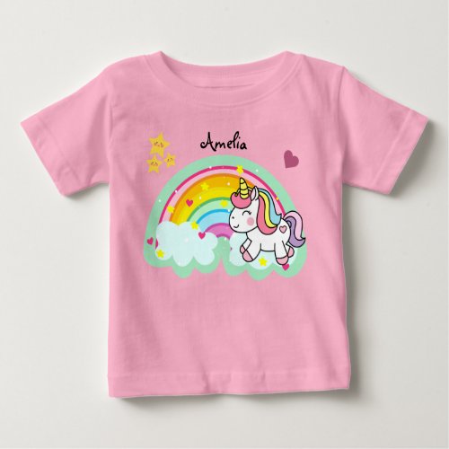 Super Cute Unicorn and Rainbow Personalised Baby T_Shirt