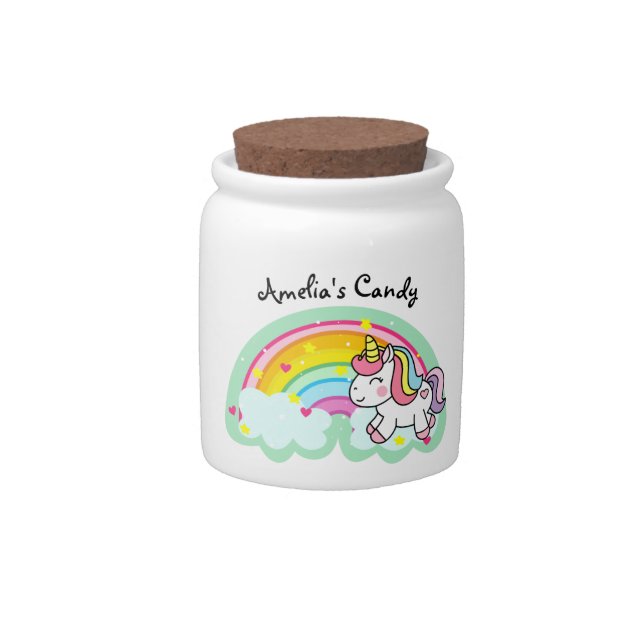 Super Cute Unicorn and Rainbow Personalised Candy Jar (Front)
