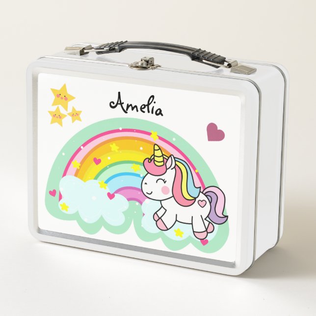Super Cute Unicorn and Rainbow Personalised Metal Lunch Box (Front)