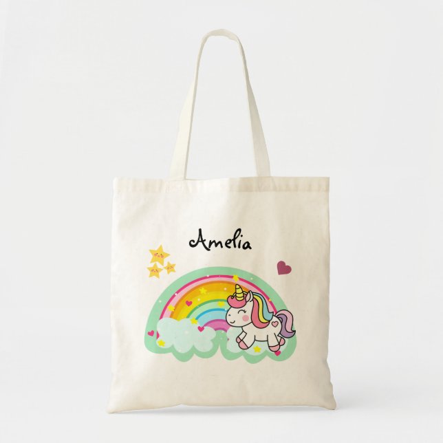 Super Cute Unicorn and Rainbow Personalised Tote Bag (Front)