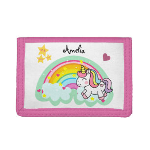 Super Cute Unicorn and Rainbow Personalised Trifold Wallet