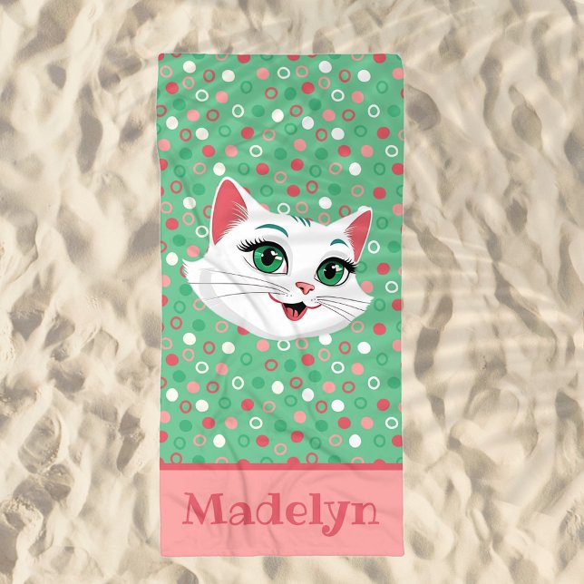 Super Cute White Cat Pink & Mint Green Beach Towel (Creator Uploaded)