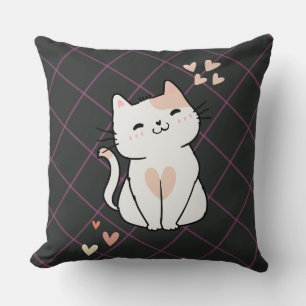 Super Cute White Cat with Hearts Throw Pillow