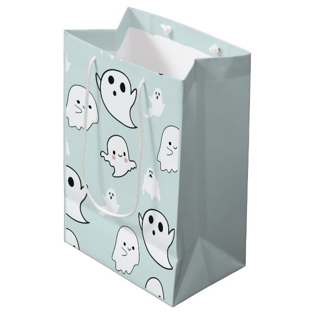 Super Cute White Ghosts Light Blue Halloween Medium Gift Bag (Front Angled)
