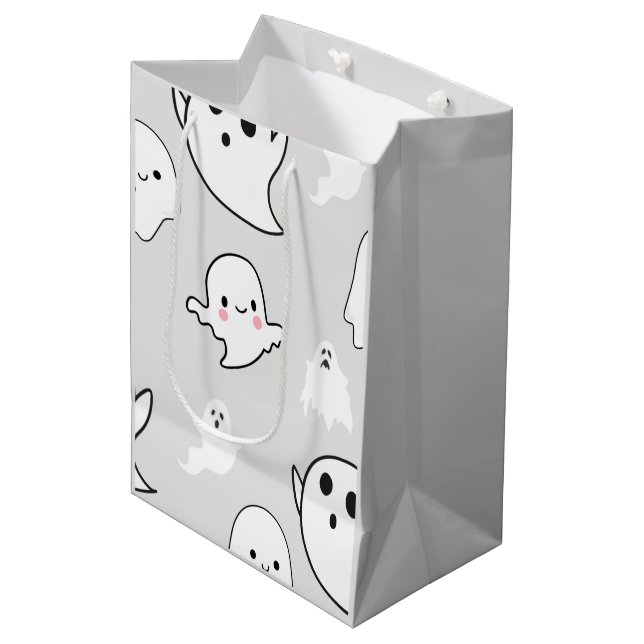 Super Cute White Ghosts Light Gray Halloween Medium Gift Bag (Front Angled)