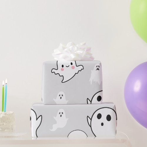 Super Cute White Ghosts Light Gray Halloween Wrapping Paper