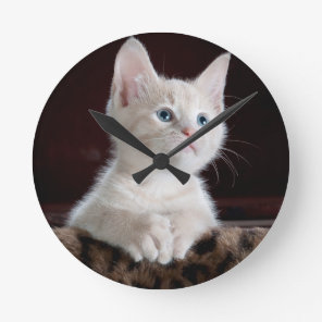 Super Cute White Kitten Round Clock