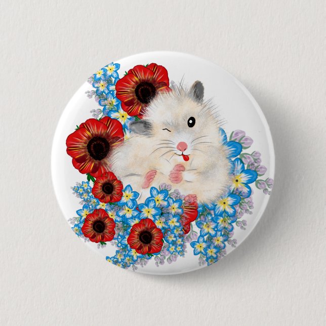 Super cute white sable syrian hamster in flowers pinback button (Front)