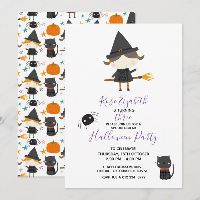 Super Cute witch Halloween Birthday Invitation (Front/Back)