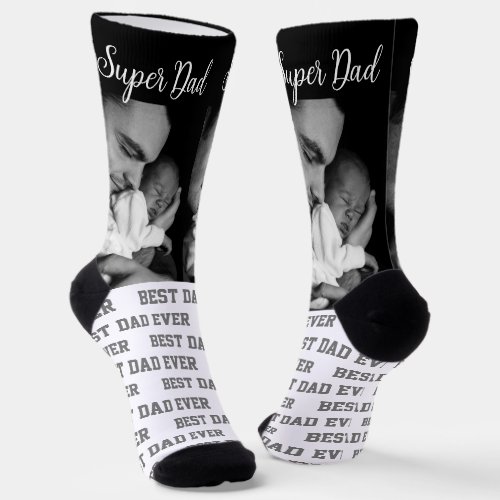 Super Dad Black  White Modern Photo w Typography Socks