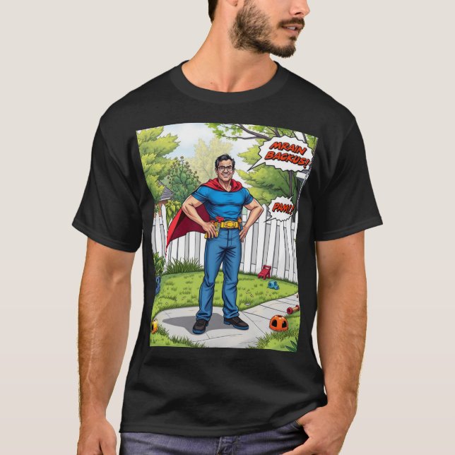 Super Dad in Action – Comic Style Hero T-Shirt (Front)