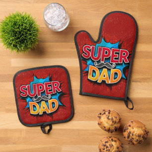 Super Dad Mustache Modern Grunge Oven Mitt & Pot Holder Set