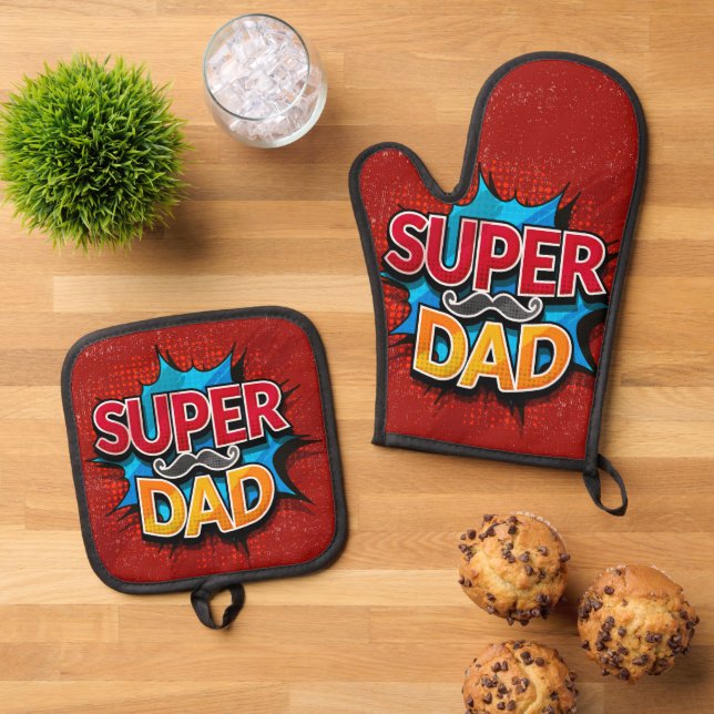 Super Dad Mustache Modern Grunge Oven Mitt & Pot Holder Set (Top Down)