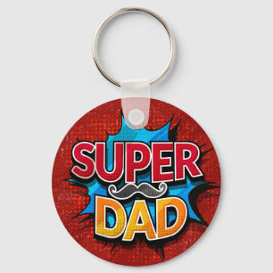 Super Dad Mustache Retro Comic Grunge Keychain