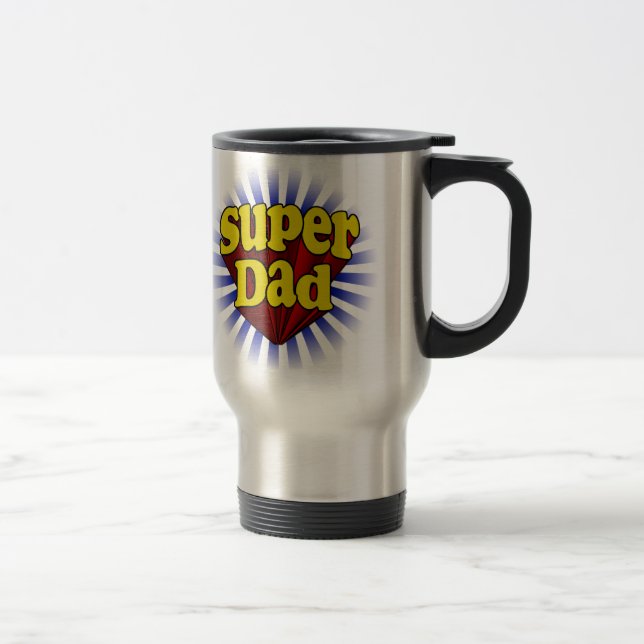 Super Dad, Superhero Red/Yellow/Blue Travel Mug (Right)