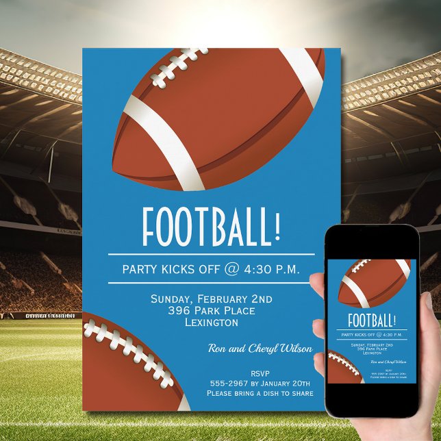 Super Fan Football Game Blue Party Invitation (Order INSTANT DOWNLOAD to send digitally or PRINTED cards to mail or both!)