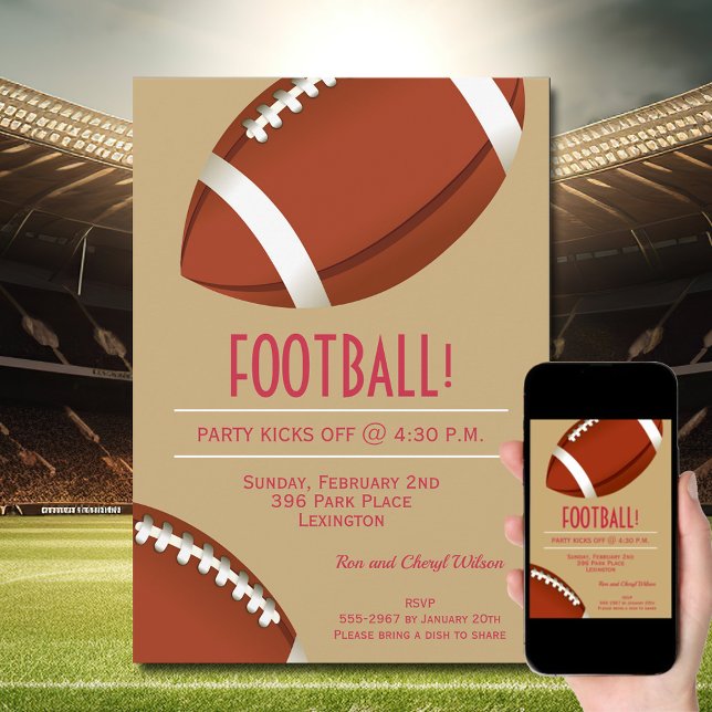 Super Fan Football Game Gold Party Invitation (Order INSTANT DOWNLOAD to send digitally or PRINTED cards to mail or both!)