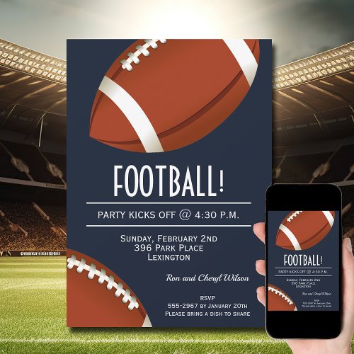 Super Fan Football Game Navy Blue Party Invitation