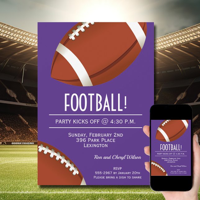 Super Fan Football Game Purple Party Invitation (Order INSTANT DOWNLOAD to send digitally or PRINTED cards to mail or both!
)