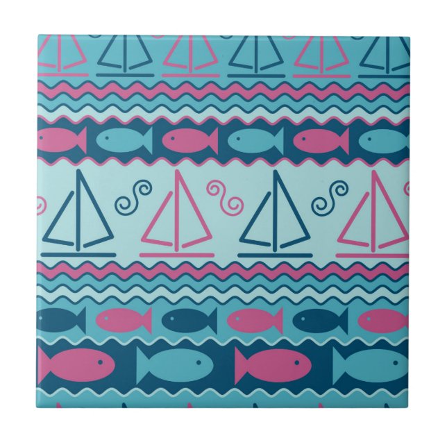 Super Fun Fish And Sailboat Pattern Ceramic Tile (Front)