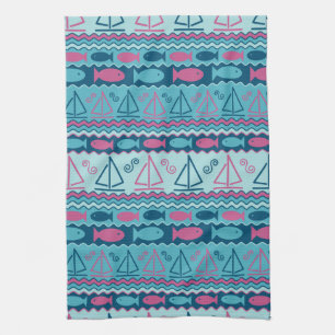 Super Fun Fish And Sailboat Pattern Kitchen Towel